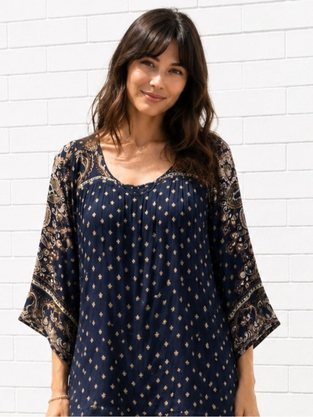 Angie Boho Floral Tunic Top V-Neck Bell Sleeve Black Blue Size Medium Bohemian